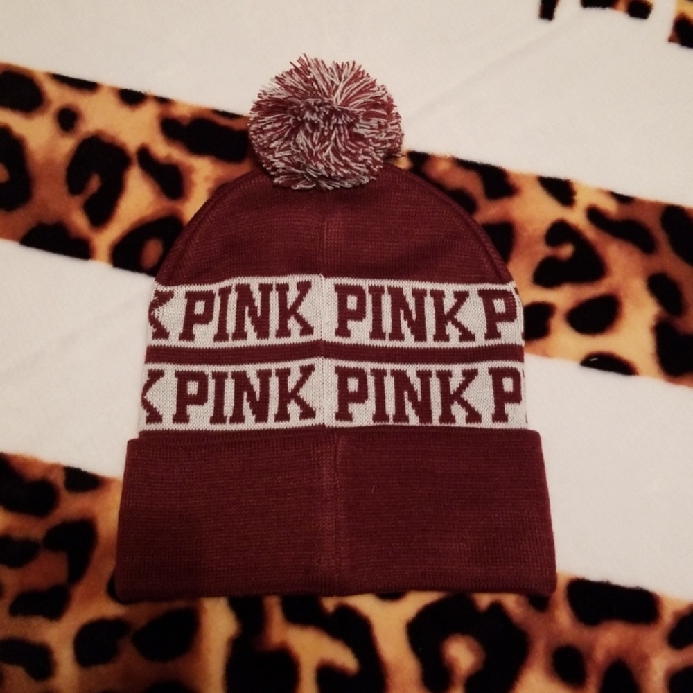NWT VS PINK Maroon & White Pom Pom Beanie - Picture 3 of 5